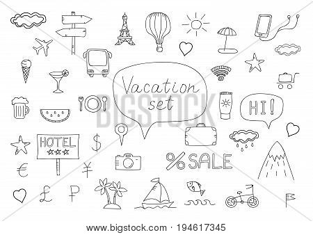 Doodle vacation icons set on a white background