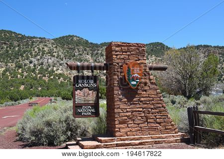 KOLOB CANYONS, ZION, UTAH - JUNE 29, 2017: Kolob Canyons Sign. A five mile scenic drive along the Kolob Canyons Road allows visitors to view the canyons with access to trails and  viewpoints.