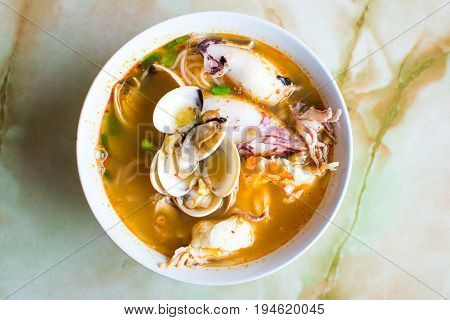 Seafood Tom Yam, Thai Soup  In White Bowl