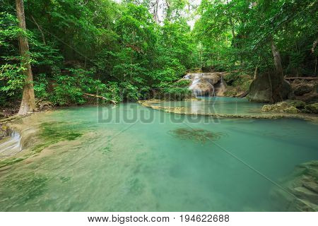 Level 1 Of Erawan Waterfall With Neolissochilus Stracheyi Fish In Kanchanaburi, Thailand