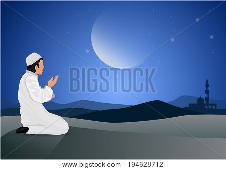 vector illustration man praying  on moon background