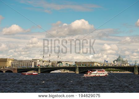 St. Petersburg, Russia - June 28, 2017: Panoramic View Of The Neva River Embankment In St. Petersbur