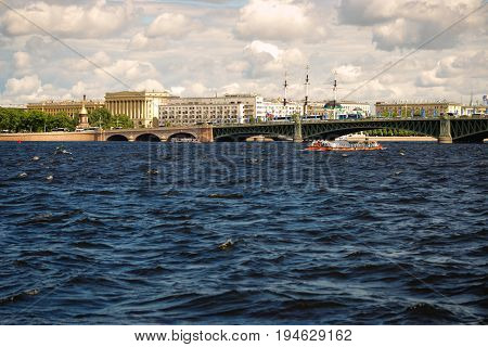 St. Petersburg, Russia - June 28, 2017: Panoramic View Of The Neva River Embankment In St. Petersbur