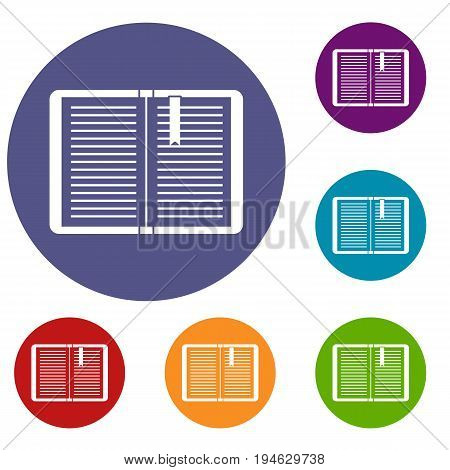 Open tutorial with bookmark icons set in flat circle reb, blue and green color for web