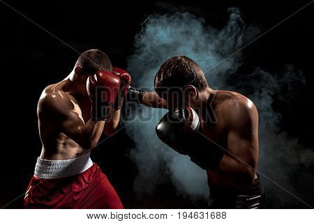 Two professional boxer boxing on black smoky studio background.
