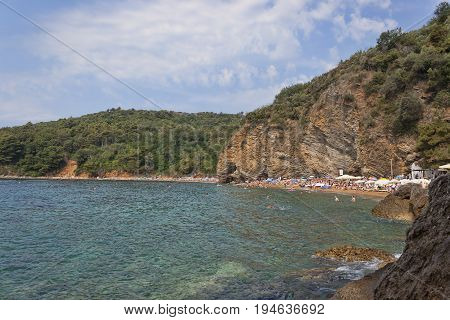 The sand and pebble beach of Mogren in Budva one of the most popular beaches on the Budva Riviera
