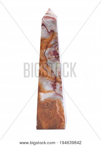Polished multicolor carved onyx obelisk isolated on white background