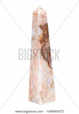 Polished multicolor carved onyx obelisk isolated on white background