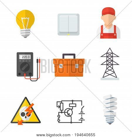 Electrician industry icon cartoon set. Tradesperson, electrical wiring of buildings, systems and equipment. Vector flat style illustration isolated on white background