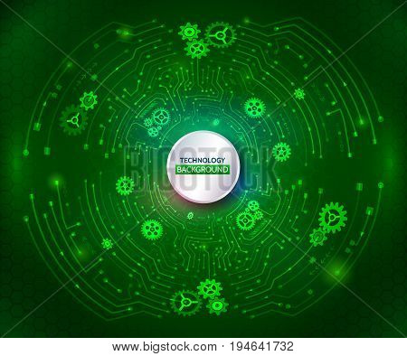 Abstract technology communication on the green background. Hi-tech radial circuit board with various technological elements. Modern vector illustration
