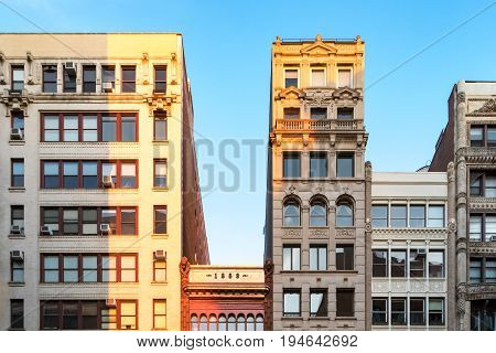 Row of old historic building rooftops in New York City