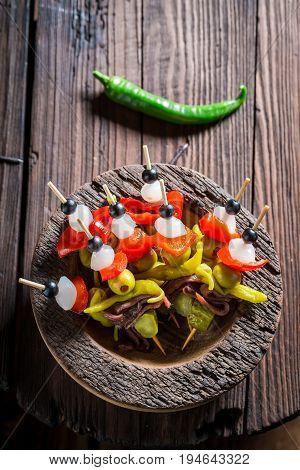 Top View Of Banderillas With Peppers, Olives And Anchovies