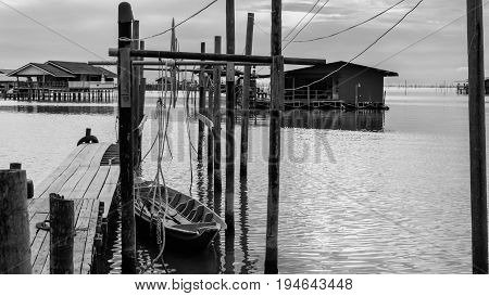 Homestay and floating basket in lake at Kohyo Songkhla Thailand with beautiful sky and clouds. This is traditional fisheries area.
