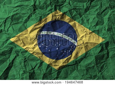 Brazil flag with high detail of crumpled paper . 3D illustration .