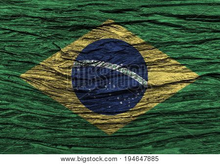 Brazil flag with high detail of old wooden background . 3D illustration .