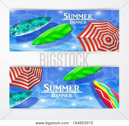 colorful umbrella floating surfing boards and water top view banner set vector illustration