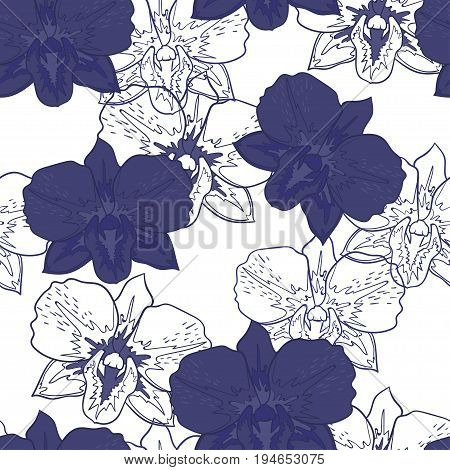 Seamless floral pattern blue orchids on white background