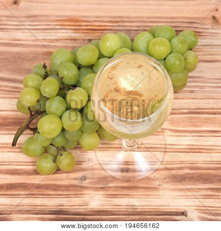 Glass of white wine and ripe organic green grapes isolated on vintage wooden background