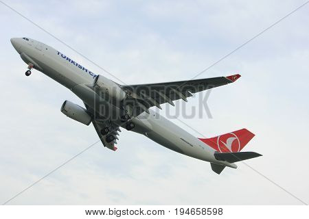 Amsterdam the Netherlands - July 6th 2017: TC-JOU Turkish Airlines Airbus A330 takeoff from Polderbaan runway Amsterdam Schiphol Airport