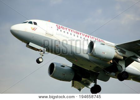 Amsterdam the Netherlands - July 6th 2017: D-AKNK Germanwings Airbus A319 takeoff from Polderbaan runway Amsterdam Schiphol Airport