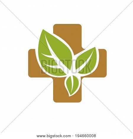 Vector illustration of religious Christianity cross composed with green spring leaves. Charity and volunteer theme. Alternative medicine concept.