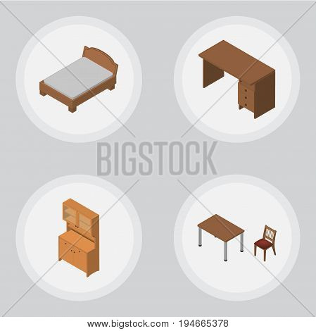 Isometric Furnishing Set Of Bedstead, Cupboard, Table And Other Vector Objects. Also Includes Bedstead, Chair, Desk Elements.
