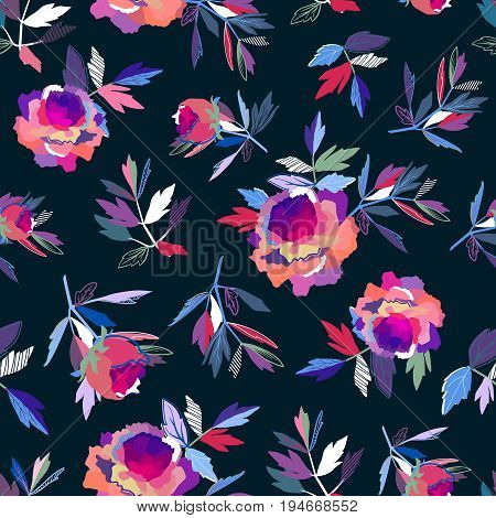 Seamless abstract floral pattern pink and violet for girl on black.