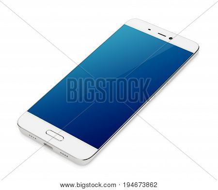 Modern white smartphone with blue screen lying isolated on white background. Smart phone with clipping path