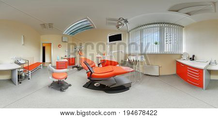 Equidistant spherical projection interior inside dental office beige and orange colours panorama view of modern fashionable european dental clinic with dentist chair armchair 360 lense degrees
