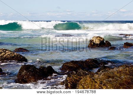 Surf Waves On Rocky Coastline - Blueys Beach, New South Wales, Australia