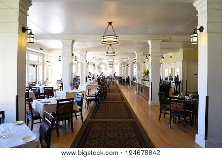 YELLOWSTONE NATIONAL PARK, WYOMING - JUNE 25, 21017: The Lake Hotel Dining Room. The oldest and finest accommodation in the park is celebrating its 125th anniversary.