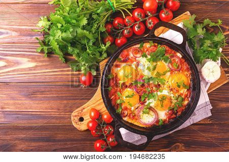 Shakshuka. Traditional Israeli Cuisine. Fried Eggs With Vegetables