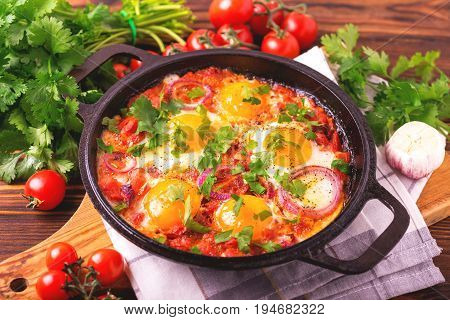 Shakshuka. Traditional Israeli Cuisine. Fried Eggs With Vegetables