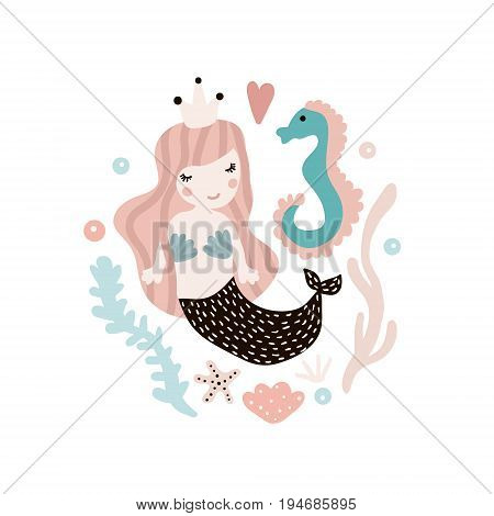 Cute illustration with mermaid and seahorse. Childish print with marine elements. Perfect for poster cardkids apparelbags. Vector Illustration