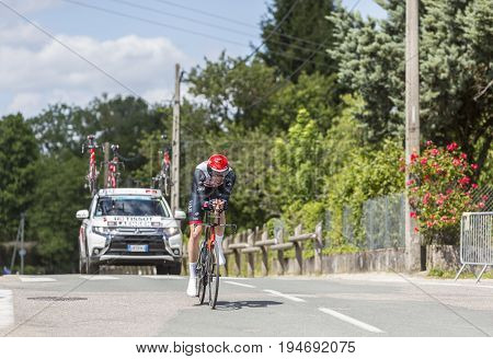 Bourgoin-Jallieu France - 07 May 2017: The Norwegian cyclist Vegard Stake Laengen of UAE Team Emirates Team riding during the time trial stage 4 of Criterium du Dauphine 2017.
