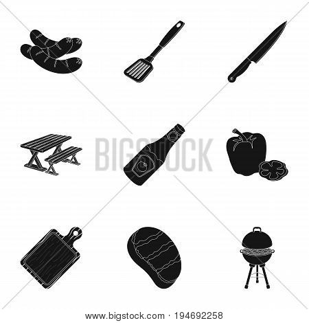 Meat, steak, firewood, grill, table and other accessories for barbecue.BBQ set collection icons in black style vector symbol stock illustration .