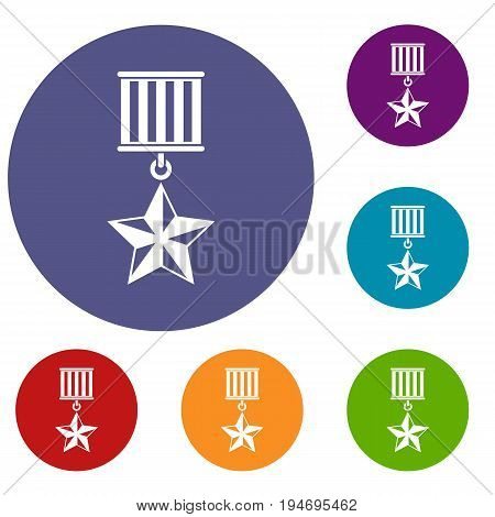 Medal star icons set in flat circle reb, blue and green color for web