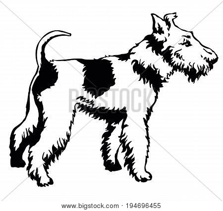 Decorative portrait of standing in profile dog Fox Terrier vector isolated illustration in black color on white background