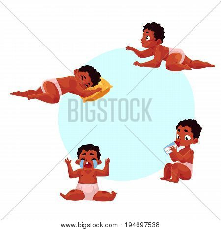 Little black, African American baby kid, infant daily routine - eat, sleep, take bath, cry, crawl, cartoon vector illustration with space for text. Black baby, kid, infant daily activities