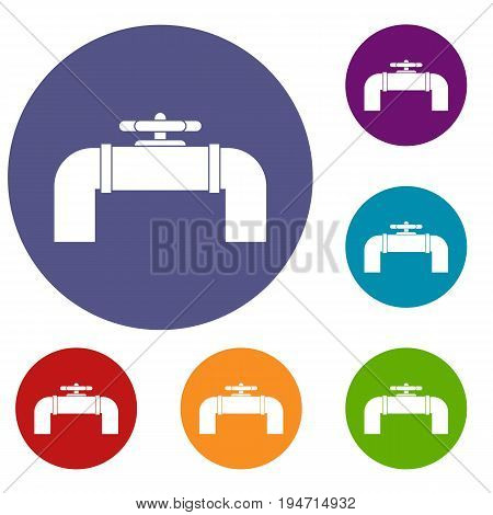 Industrial pipe valve icons set in flat circle reb, blue and green color for web