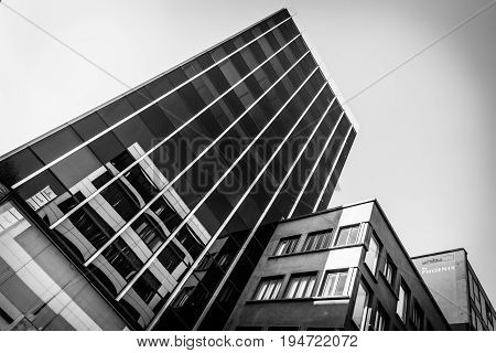 STUTTGART GERMANY - MARCH 18 2016: Modern building on a historic street Calwer Strasse in the city center. Stuttgart is the capital and largest city of the state of Baden-Wuerttemberg.