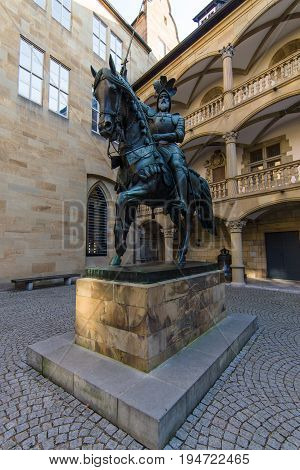 STUTTGART GERMANY - MARCH 18 2016: Monument of count Eberhard I in the courtyard of the Old Castle. Stuttgart is the capital and largest city of the state of Baden-Wuerttemberg.