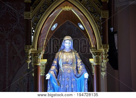 CHANTABURI, THAILAND - 1 july 2017 : Old catholic church of Maephra Patisonti Niramon, inside iconic of Chantaburi built French Style, building of Cathedral of the Immaculate Conception at Chanthaburi