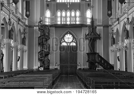 CHANTABURI, THAILAND - 1 july 2017 : Old catholic church of Maephra Patisonti Niramon, inside iconic of Chantaburi built French Style, building of Cathedral of the Immaculate Conception at Chanthaburi