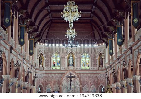 CHANTABURI, THAILAND - 1 july 2017 : Old catholic church of Maephra Patisonti Niramon, inside iconic of Chantaburi built French Style, building of Cathedral of the Immaculate Conception at Chanthaburi