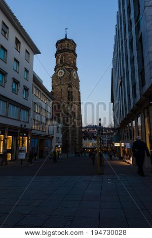 STUTTGART GERMANY- MARCH 16 2016: The Stiftskirche (Collegiate Church) is an inner-city church in Stuttgart the capital of Baden-Wuerttemberg.