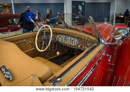 STUTTGART GERMANY- MARCH 17 2016: Cabin of a luxury car Mercedes-Benz Typ 290 Roadster (W18) 1935. Europe's greatest classic car exhibition 