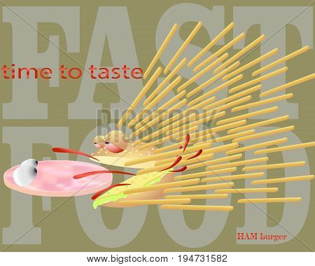 Bun catches ham for hamburger / fast food / vector