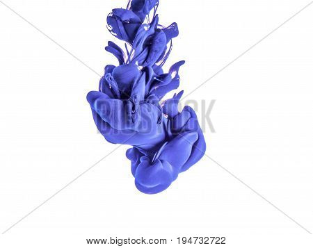 Ink swirl in a water, isolated on white background. The blue paint in the water. Soft dissemination a droplets of colored ink in water close-up. Explosion of color splashes acrylic ink.