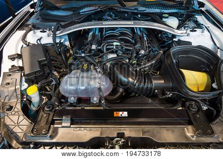 STUTTGART GERMANY - MARCH 17 2016: Engine of Ford Mustang Shelby GT 350 2015. Europe's greatest classic car exhibition 
